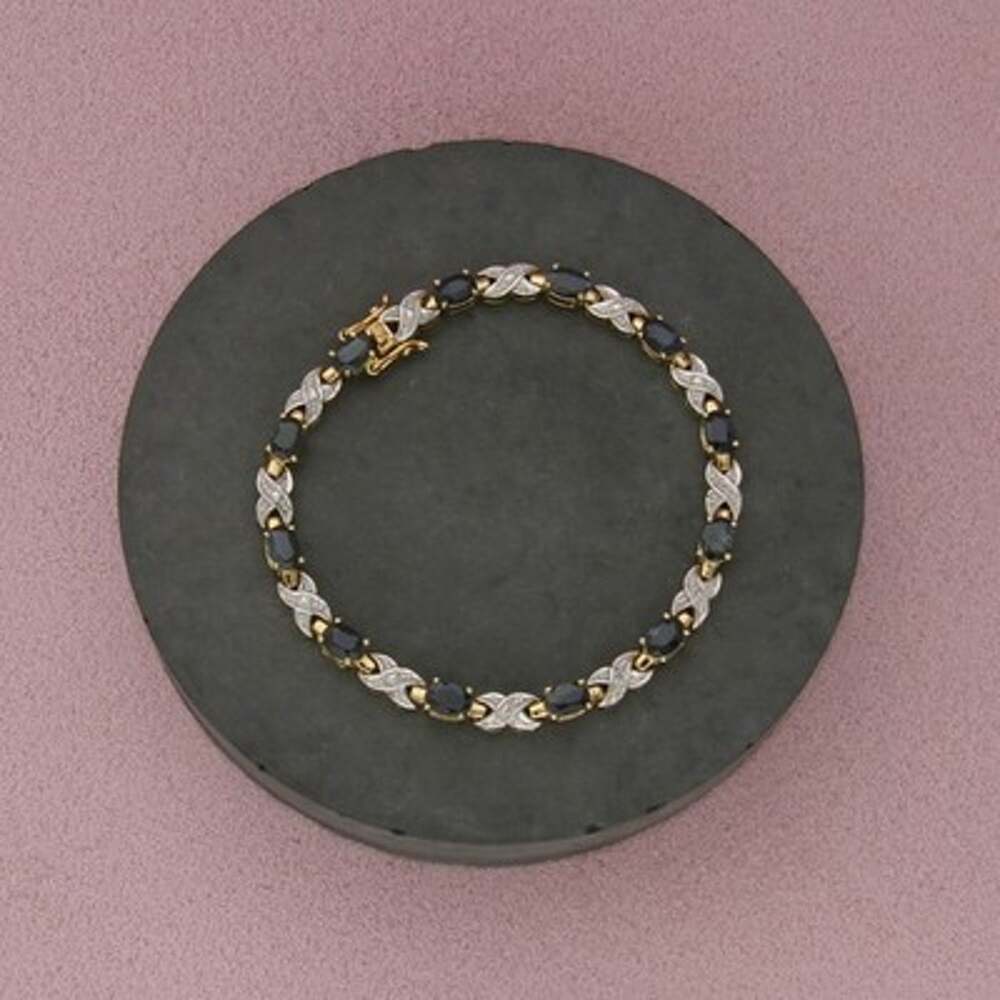 Sterling Silver Gold Plate Blue Sapphire & Diamond Tennis Bracelet Size 7in